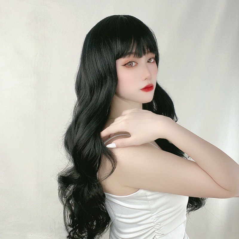 Long Curly Wavy Wig with Bangs Women Fashionable Synthetic Heat