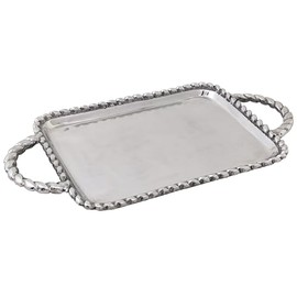 Boston International Trays Aluminum Platter with Rope Edging and Handles, Large, Silver