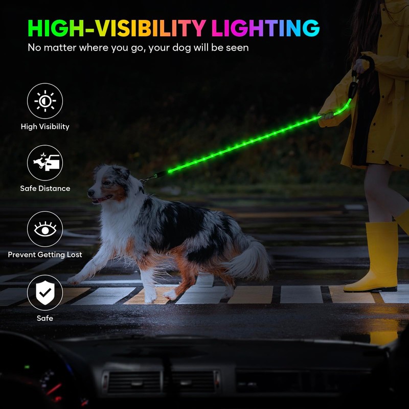 YFbrite 7Ft Light up Dog Leash with 15 Flashing Modes