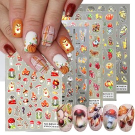 6 Sheets Fall Nail Art Stickers 3D Maple Leaf Nail Decals Autumn Gold Yellow Leaves Mushroom Squirrel Self-Adhesive Nail Designs Thanksgiving Nail Stickers for Women Girls Acrylic Manicure DIY Decor