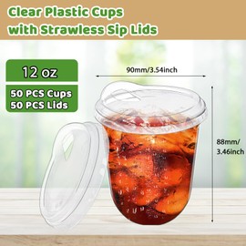 Alaeseje 50 Pack Clear Plastic Cups with Strawless Sip Lids,12 oz Iced Coffee Cups with Lids,Disposable PET Crystal Cups,Round Bottom To Go Cup for Iced Coffee Juice Smoothie Cold Beverage