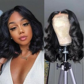 Bob Wig Human Hair 13x4 Body Wave lace Frontal Wigs 180% Density Hd Lace Front Wig Human Hair Pre Plucked Glueless Wigs for Black Women Natural color 14 Inch