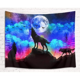 HVEST Wolf Tapestry Three Wolves Howling on The Mountain Tapestries Psychedelic Starry Sky Full Moon and Forest Wall Hanging Poster for Bedroom Living Room Dorm Party Decor,60x40 inch