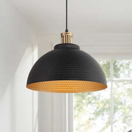 Possini Euro Design Araceli Black Gold Metal Pendant Light Fixture 16" Wide Modern Dimpled Texturing Dome Shade for Dining Room House Foyer Kitchen Island Entryway Bedroom Living High Ceilings