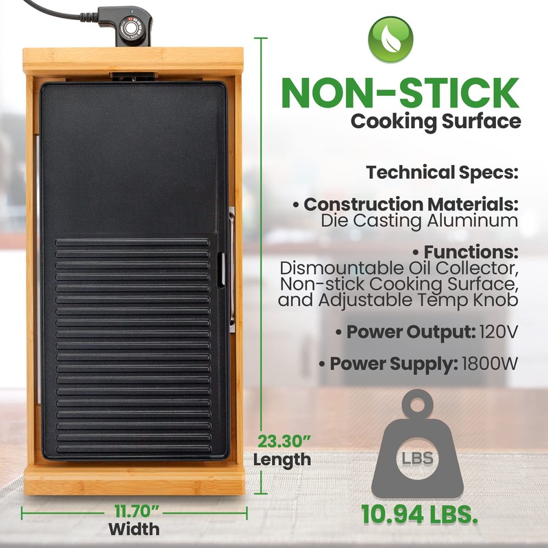 NutriChef Non-stick Plate, Removable Grill & Griddle Plate, Smokeless Electric