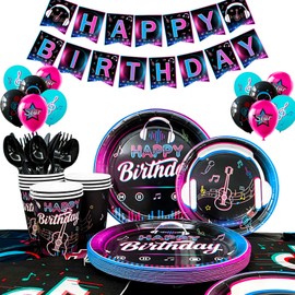 Music Birthday Party Supplies, 138pcs Music Party Decorations Tableware Set Music Party Plates Balloons Banner Cups Napkins Table Cloth etc Music Birthday Decorations for Girls Boys (Serves 16）