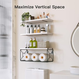 Amada Bathroom Shelves Over Toilet with Storage Basket, Floating Shelves Wall Shelves for Home Organization & Wall Decor, Bathroom/Kitchen/Living Room Shelves–White
