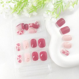 Women Press on Nails Square Short Nail Press ons Red Fake Nails Artificisl Manicure 24Pcs Light Pink Glue on Nails with Flower Lines Designs Glossy Acrylic Stick on Nails