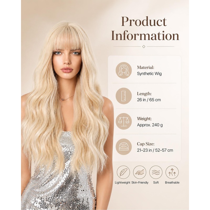 Light Blonde Long Wavy Wig with Bangs for Women Synthetic