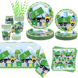 Obussgar Trash Truck Party Decoration - Garbage Truck Birthday Party Tableware Supplies Includes Plates, Cups, Napkins, Tablecloth, Straws - Serves 20