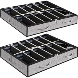 Anyoneer Under Bed Shoe Storage Organizer, Set of 2, Underbed Shoes Container with Adjustable Dividers, Fits 24 Pairs, Gray