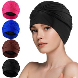 Yearntown 4 Pcs Swim Caps for Women Waterproof Swim Pool Hats Polyester Elastic Comfort Bathing Caps for Long Hair(Coffee, Pink, Royal Blue, Black)
