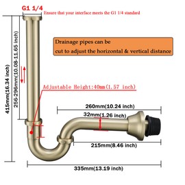 RANDOM Brass P Trap Bathroom Sink U-Shape 1-1/4 inch Sink Trap with Slip Joint Extension Tube,Adjustable Height Sink Waste Drain Bottle P-Trap Kit,Brushed Gold Basin Sink Plumbing.RD83555BG-L