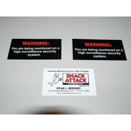 Snack Attack (2) SODA VENDING MACHINE Decals "WARNING: Being monitored on security system"