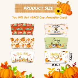 48 Pcs Fall Coffee Cup Sleeves Autumn Maple Leaf Disposable Cardboard Sleeves Thanksgiving Paper Coffee Cup Sleeve for Hot Drinks Cold Beverage Cafe Shop Office, 6 Designs