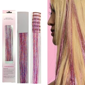 47" Holographic Hair Tinsel Shining Gold Professional Sparkle Heat-Resistant Silk Extensions, Hair Accessories for Girls, Party Hair, Gifts for Girls (6PCs Clip in Hair Tinsel Kit, Shining Pink)