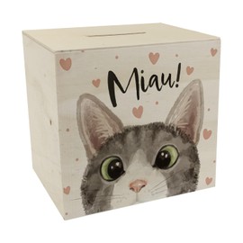 MIAU Cat Money Box Wooden Birthday Money Box Drawing Piggy Bank Illustration Money Box Googly Eyes Save Cat People Home
