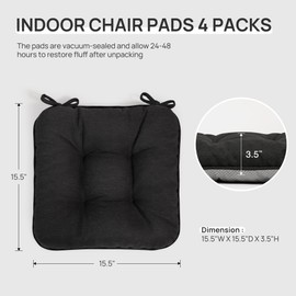 Love's cabin Memory Foam Chair Cushions Set of 4, Outdoor/Indoor Chair Pads for Dining Chairs 4 Pack, Seat Cushions for Kitchen, Dining Room, Office, Patio Chairs, 15.5"x15.5"x3.5" Black