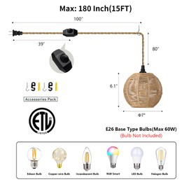 ALAISLYC 15ft Plug in Pendant Light with Cord Dimmable Switch Rattan Hanging Lamp with Hand Woven Wicker Plug in Chandelier Boho Hanging Lights Fixture for Bedroom Kitchen Hallway Foyer