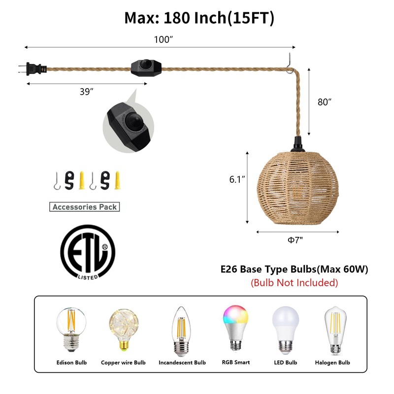 ALAISLYC 15ft Plug in Pendant Light with Cord Dimmable Switch