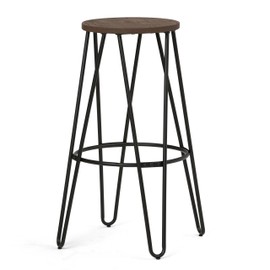 SIMPLIHOME Simeon 30 inch Bar Stool, Cocoa Brown and Black Metal and Elm Wood, Round, Backless, for the Kitchen and Dining Room, Industrial