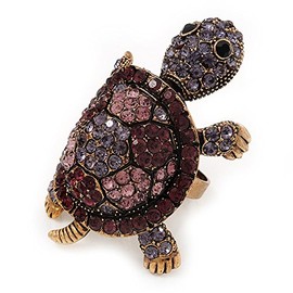 Purple Crystal Turtle Ring/Aged Gold Metal/Adjustable/ 50mm Tall/Large