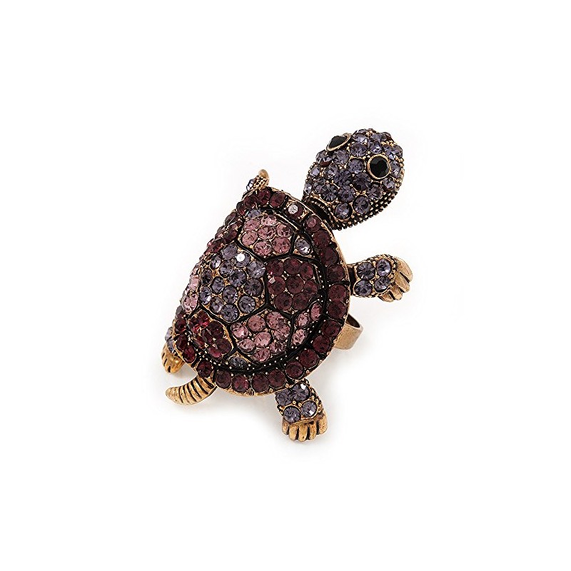 Purple Crystal Turtle Ring/Aged Gold Metal/Adjustable/ 50mm Tall/Large