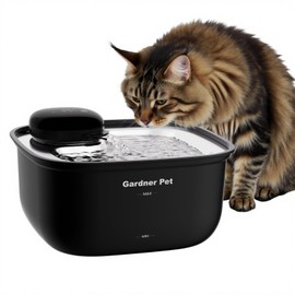 Gardner Pet Wireless Cat Water Fountain Stainless Steel Tray, 3.78L Cat Fountain Battery Operated, Cordless Pet Water Fountain for Cats & Dogs with Motion Sensor, Temperature Display - 1 Gallon