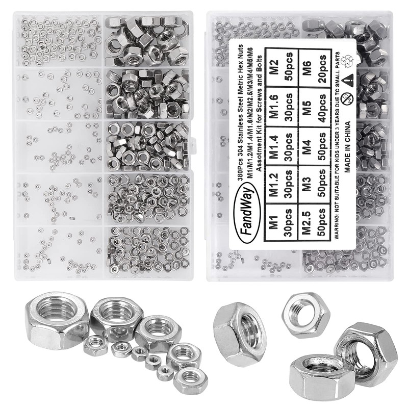 FandWay 380Pcs Metric 304 Stainless Steel Hex Nuts Assortment Kit
