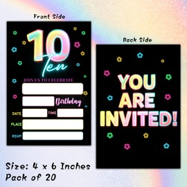 Foosproea 10th Birthday Invitations with Envelopes - Glow Party Invitation Card for Girls/Boys - 5"x7" Fill-in Invites Cards - Neon Rainbow Party Supplies Decorations (20 Pack)-17