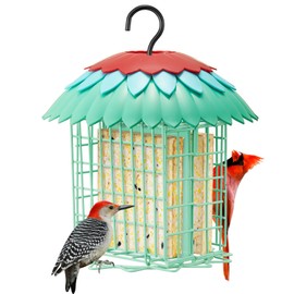 Skaithee Suet Bird Feeder for Outside Hanging, Metal Suet Feeder with Plastic Weatherproof Roof & Perch, Double Cakes Cage for Wild Bird,Easy to Refill & Clean, Green