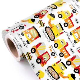 WRAPAHOLIC Construction Wrapping Paper Roll - Mini Roll - 17 Inch x 16.5 Feet - Digger Tractor Truck Wrapping Paper for Kids Boys Birthday, Baby Shower
