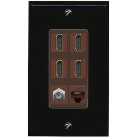 RiteAV 4 Port HDMI 1 Coax Cable TV- F-Type 1 Cat6 Ethernet Wall Plate - 1 Gang [Black/Brown]