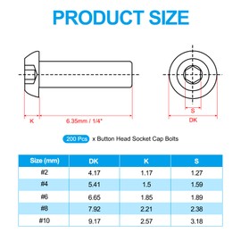 PATIKIL #4-40x1/4" Button Head Socket Cap Screws, 200 Pcs 304 Stainless Steel 18-8 Socket Cap Screw Bolts Allen Hex Drive Full Thread UNC