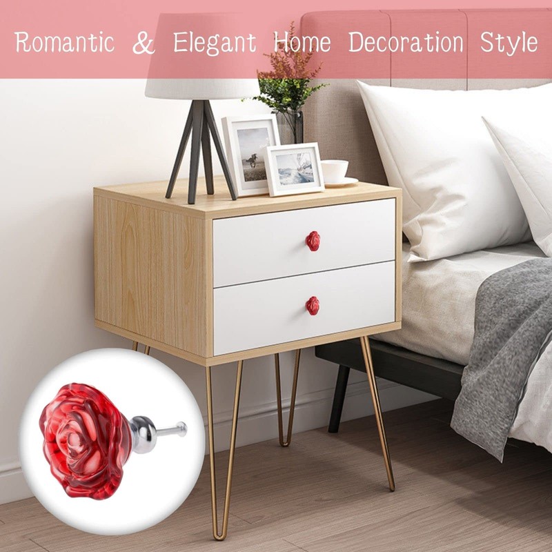 Yetaha Red Glass Dresser Knobs, 5PCS Rose Crystal Drawer Handles