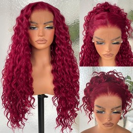 26Inch 99j Burgundy Deep Curly Lace Front Wig for Black Women, 13x6 HD Glueless Curly Lace Front Wigs Pre-Plucked, 200 Density Similar Human Hair Synthetic Lace Frontal Wig, 26 inch #Burgundy