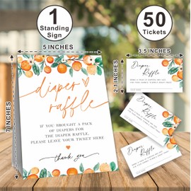 Diaper Raffle Game Kit For Baby shower, 50 Cutie Orange Diaper Raffle Tickets & 1 Standing Sign, Gender Reveal, Baby Shower Decorations, Party Favor & Supplies - A01