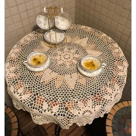 Janef Beige Handmade Crochet Cotton Table Cloth Lace Doilies Round Lace Tablecloths 35 Inches.