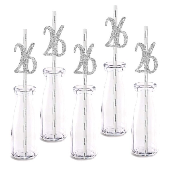 Silver Happy 26th Birthday Straw Decor, Silver Glitter 24pcs Cut-Out Number 26 Party Drinking Decorative Straws, Supplies