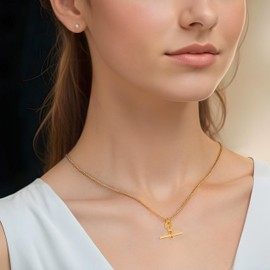 LeCalla 925 Sterling Silver T Bar Necklace for Women | 14K Gold-Plated T-Bar Pendant with Curb Chain | T-Bar Curb Chain Necklace 18 Inches