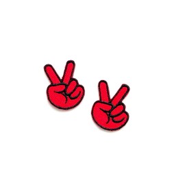 PL Set of 2 Tiny. Mini Two Fingers Peace Sign Red Biker Motorcycle Cute Cartoon Logo1 Sew Iron on Embroidered Applique Badge Sign Patch Clothing Costume