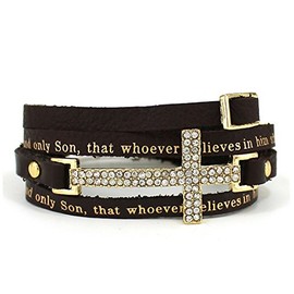 4031177 John 3:16 Leather Wrap Cross Bracelet Adjustable Belt Buckle For God So Loved The World