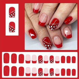 LBPEPAMZ 24Pcs Valentine's Day Press on Nails Medium Square with Heart Silver Line Designs Red French Tips Full Cover Acrylic Nails False Nails Romantic Pink Nude Glossy Stick on Nails for Women Girls