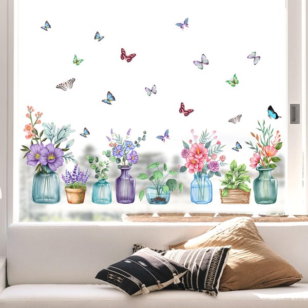 duahappy Flower Vases Butterfly Window Clings, Green Plants Leaves Wall
