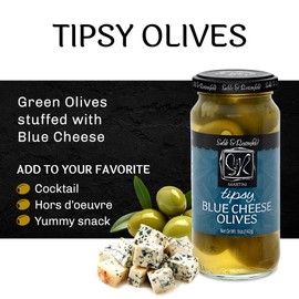 Tipsy Green Olives Stuffed with Blue Cheese - Large Cocktail Olives for Cocktails, Bloody Mary Condiments- Sable & Rosenfeld - 5 oz (Pack 1)