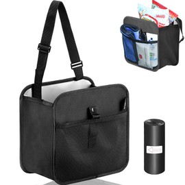 AUTOXBERT Foldable Car Trash Can, Portable Hanging Waterproof Leakproof Car Rubbish Bin with Adjustable Strap and Practical Mesh Pocket for Car Van SUV Boat Truck