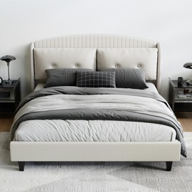 LIKIMIO King Size Bed Frame, Velvet Upholstered King Bed, Vertical Channel Tufted Wingback Headboard, Sofa-Style Cushions, No Box Spring Needed, Easy to Assemble Bed, White