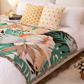 LumiSyne Double-Sided Cotton Woven Throw Blanket with Tassel Jungle Bohemian Style Tapestry Shawl Multi-Function Decorative Throws for Sofa Bed Armchair Camping Blanket Tablecloth Carpet 160x130cm
