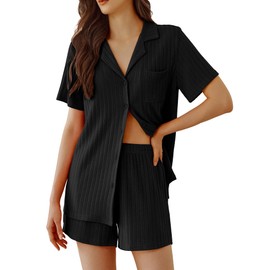 Ekouaer Pajamas 2 Piece Lounge Sets Ribbed Knit Sleepwear Button Down Loungewear Shorts pjs Summer Outfit,Black,S