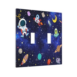 Cartoon Astronaut Galaxy Outer Spcae 2 Gang Mid Size Double Toggle Outlet Light Switch Cover Wall Plate Electrical Faceplate Decorative Dual Device Switchplate